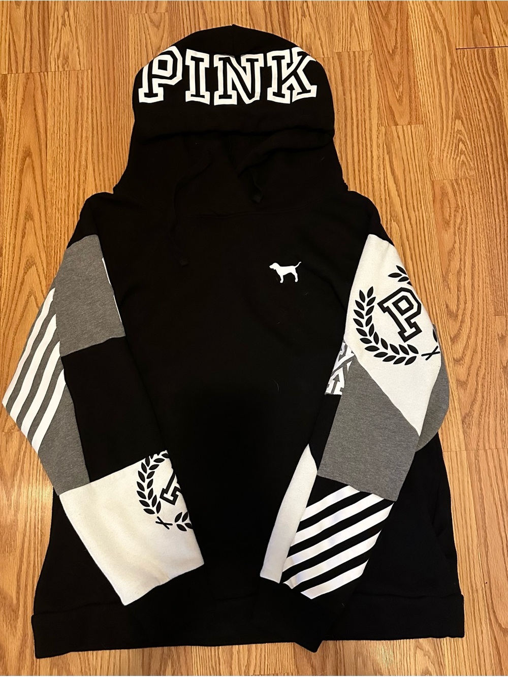 VS Pink Black Colorblock Criss Cross Logo Hoodie L